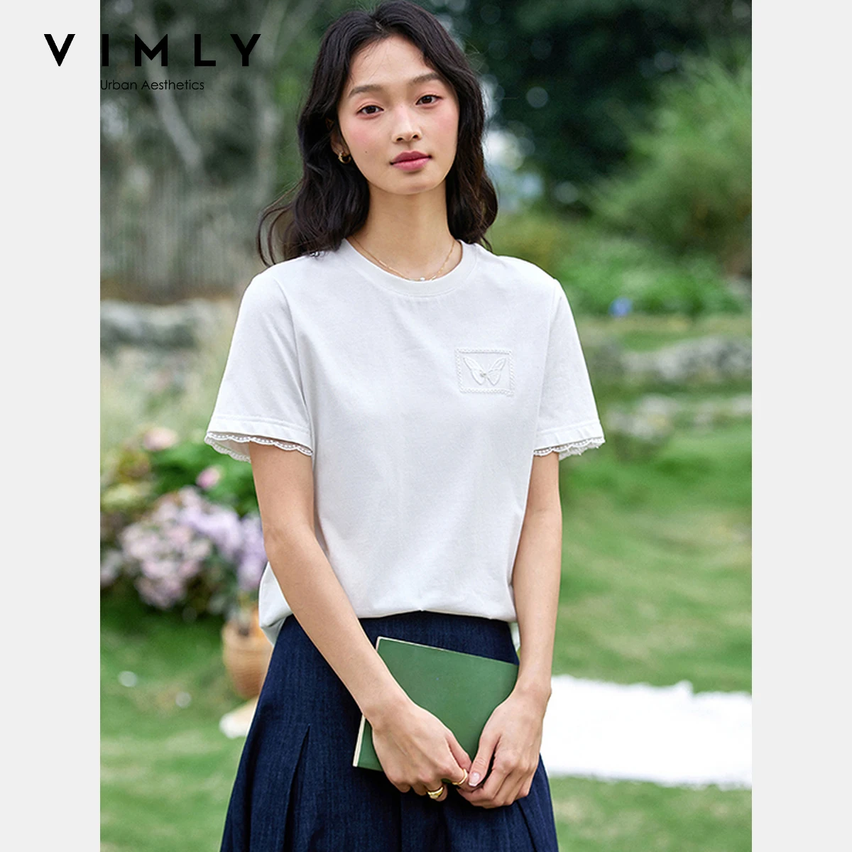 VIMLY Fashion Casual Lace Short Sleeve T-Shirt Women's Summer Top 2025 Butterfly Decorative Crew Neck Tee Shirts Woman A1629
VIMLY Fashion Casual Lace Short Sleeve T-Shirt Women's Summer Top 2025 Butterfly Decorative Crew Neck Tee Shirts Woman A1629