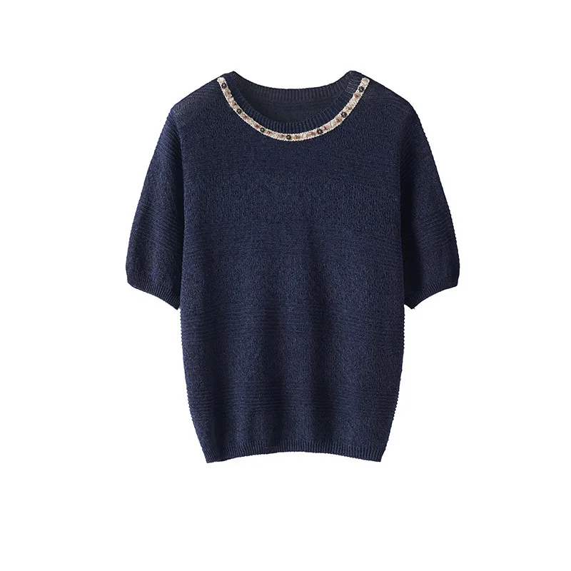 Women Beaded Hollow Out Knitted T-Shirt Summer Lyocell Silk Round Neck Short Sleeve Loose Straight Sweater
Women Beaded Hollow Out Knitted T-Shirt Summer Lyocell Silk Round Neck Short Sleeve Loose Straight Sweater