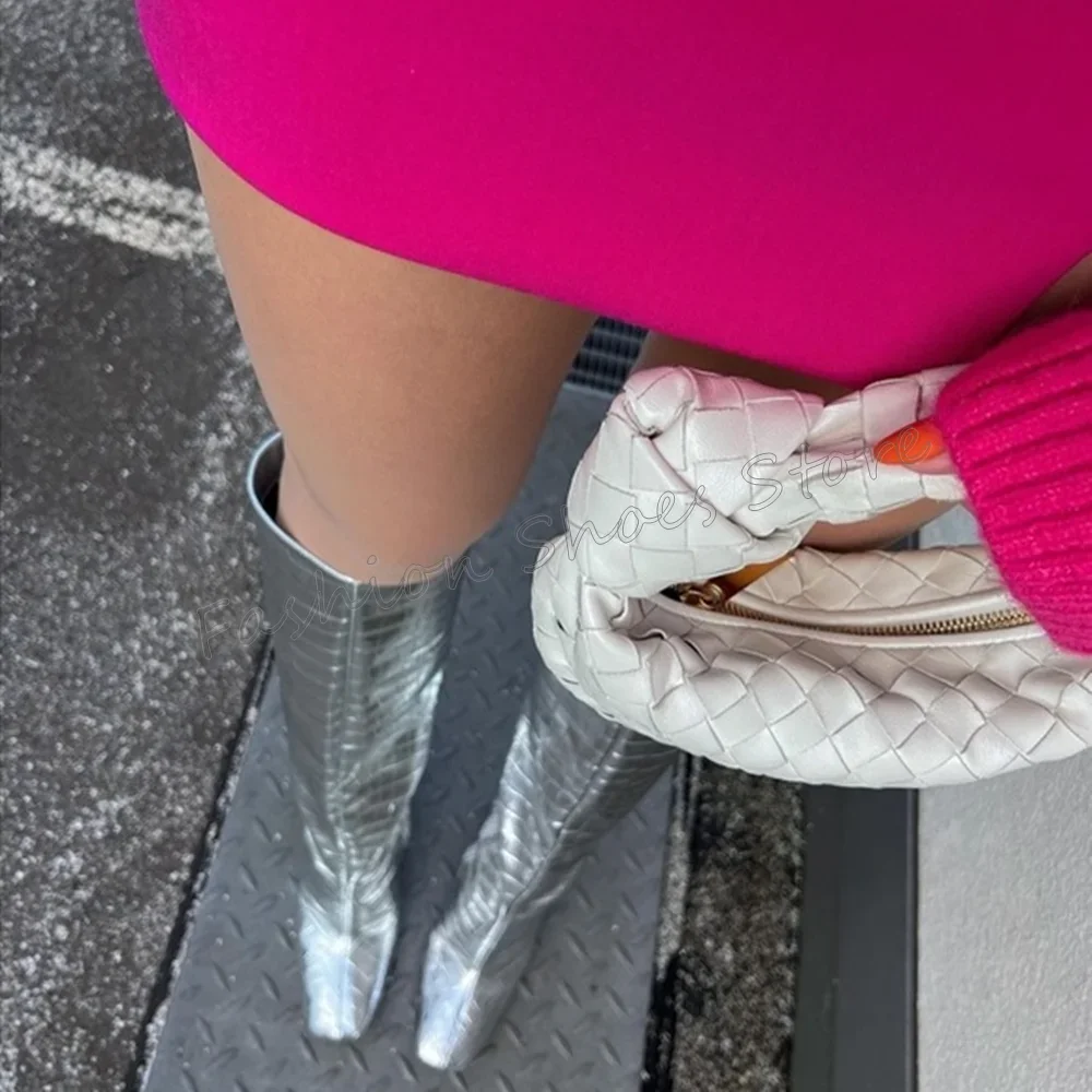 Silver Square Toe Side Zipper Boots Knee High High Heel Shoes for Women Fashion Comfortable Heels 2025 New Zapatos Para Mujere
Silver Square Toe Side Zipper Boots Knee High High Heel Shoes for Women Fashion Comfortable Heels 2025 New Zapatos Para Mujere