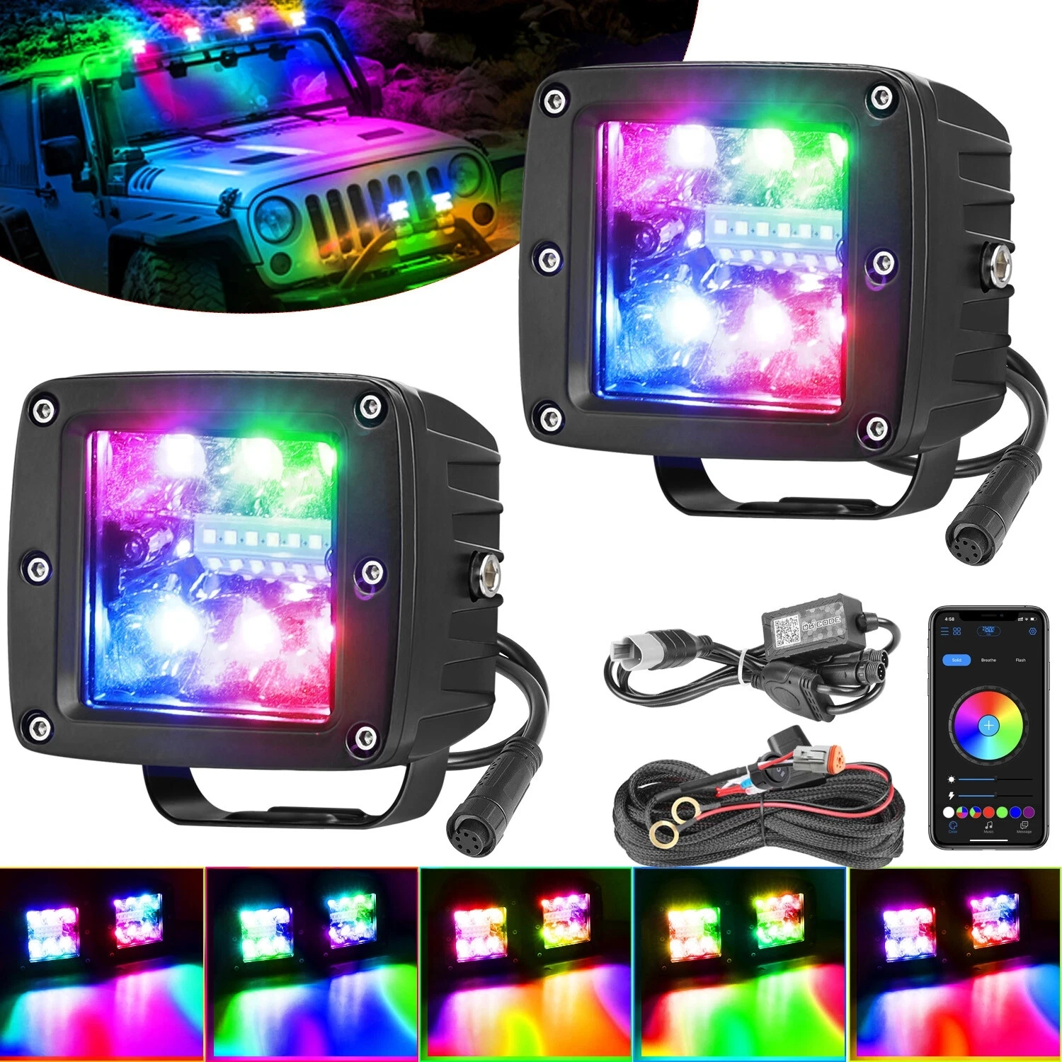 2X 3" RGB Chase LED Cube Work Light Bar Music Halo 6500k Wireless Bluetooth 4WD Halo Color Change Chasing Off Road + Wiring Kit
2X 3" RGB Chase LED Cube Work Light Bar Music Halo 6500k Wireless Bluetooth 4WD Halo Color Change Chasing Off Road + Wiring Kit
