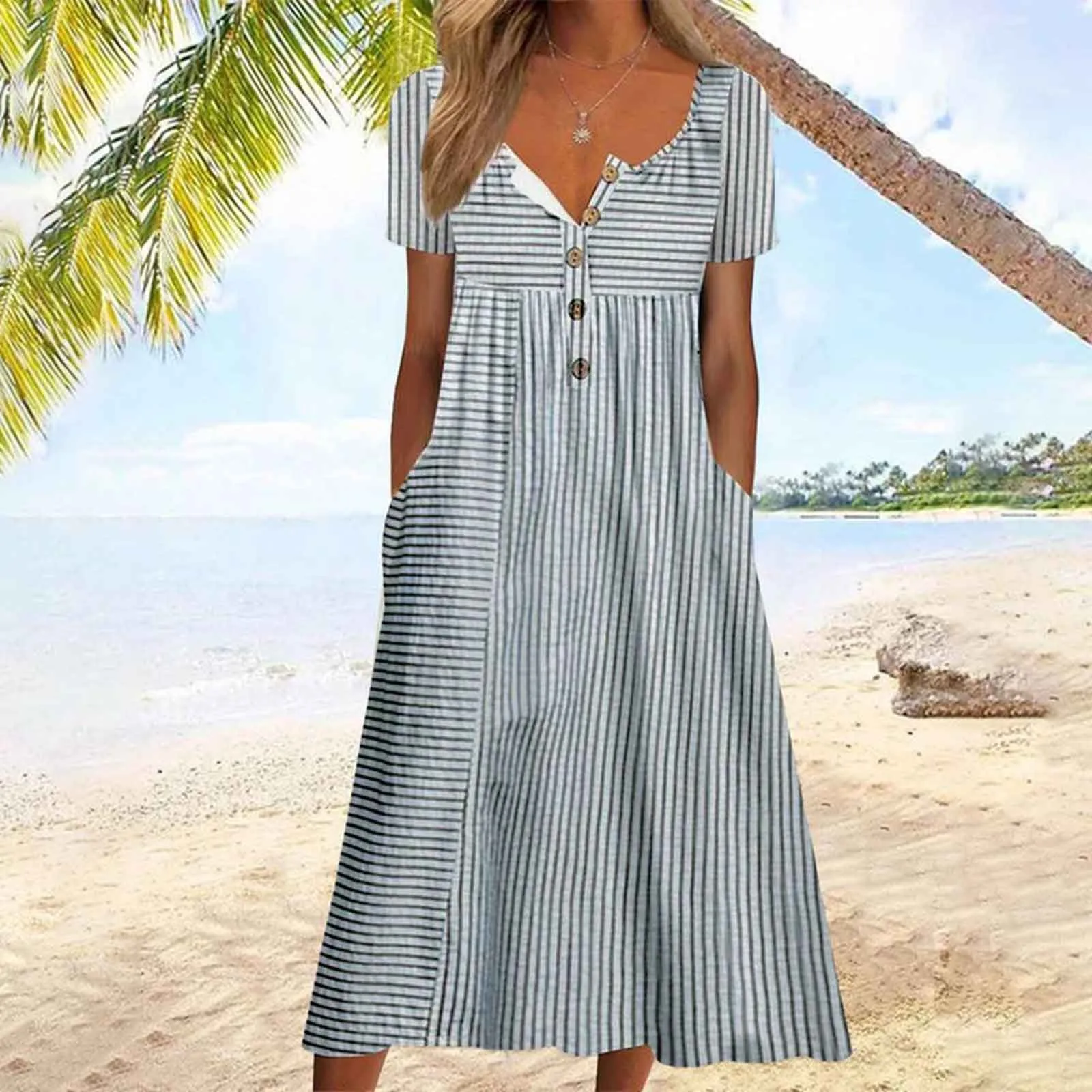 Women Fashion Striped Print Pocket Button Short Sleeve Round Neck Long Dress Long Summer Dresses for Women
Women Fashion Striped Print Pocket Button Short Sleeve Round Neck Long Dress Long Summer Dresses for Women