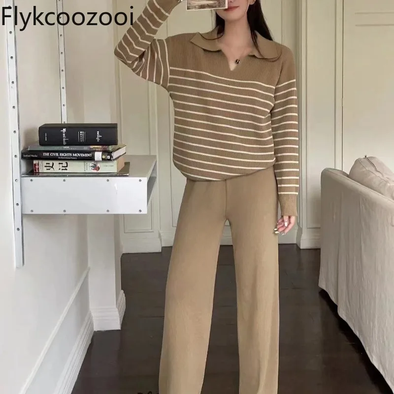 Casual Striped Polo Neck Knitted Sweatshirt Women High-waisted Wide Leg Pants Autumn Lady Premium Elegant Straight Two Pieces
Casual Striped Polo Neck Knitted Sweatshirt Women High-waisted Wide Leg Pants Autumn Lady Premium Elegant Straight Two Pieces