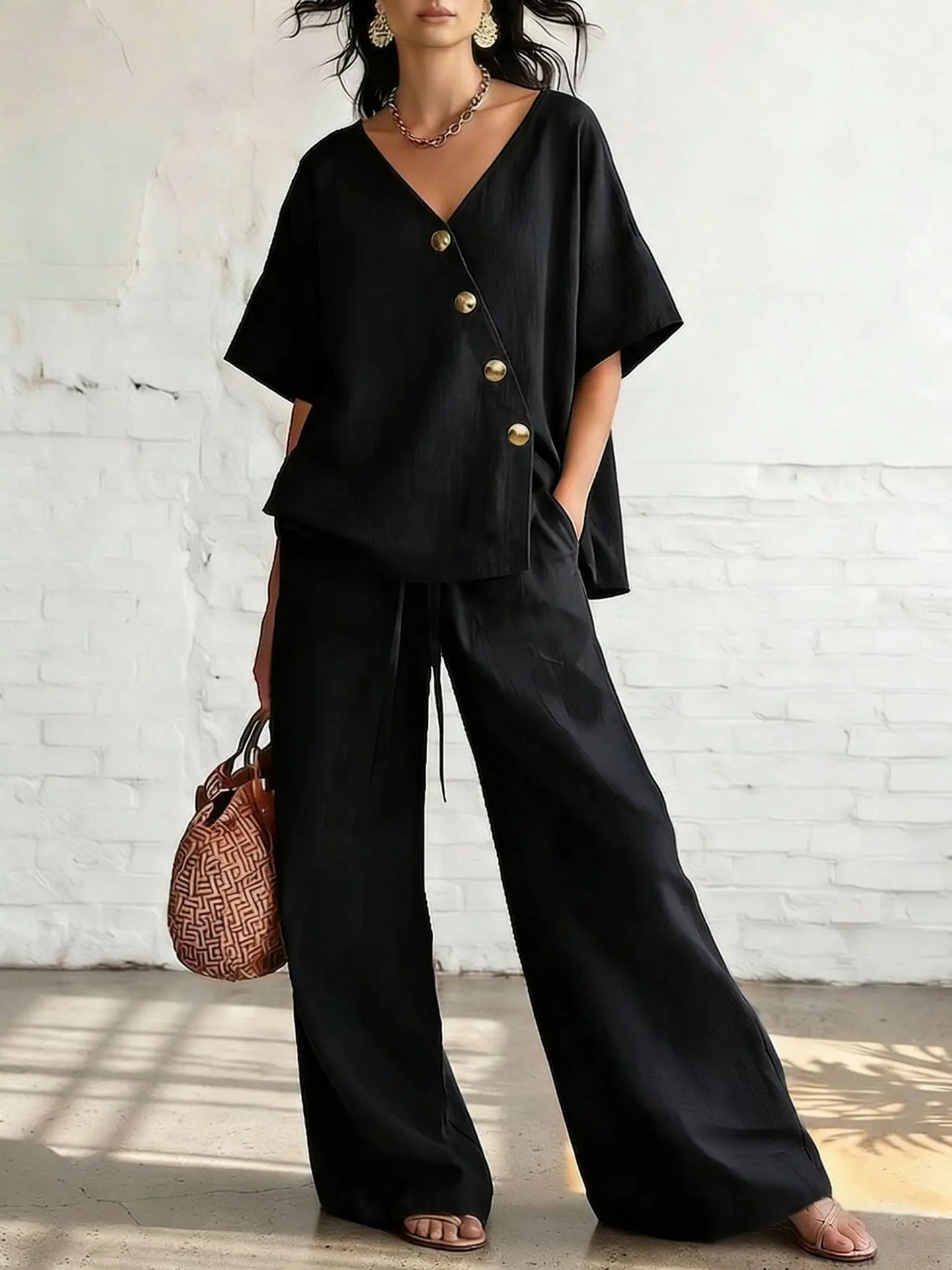 Summer Trousers Set Loose Casual Comfortable Solid Color V-neck Short-sleeved Pullover Top Wide-leg Trousers Two-piece Set
Summer Trousers Set Loose Casual Comfortable Solid Color V-neck Short-sleeved Pullover Top Wide-leg Trousers Two-piece Set
