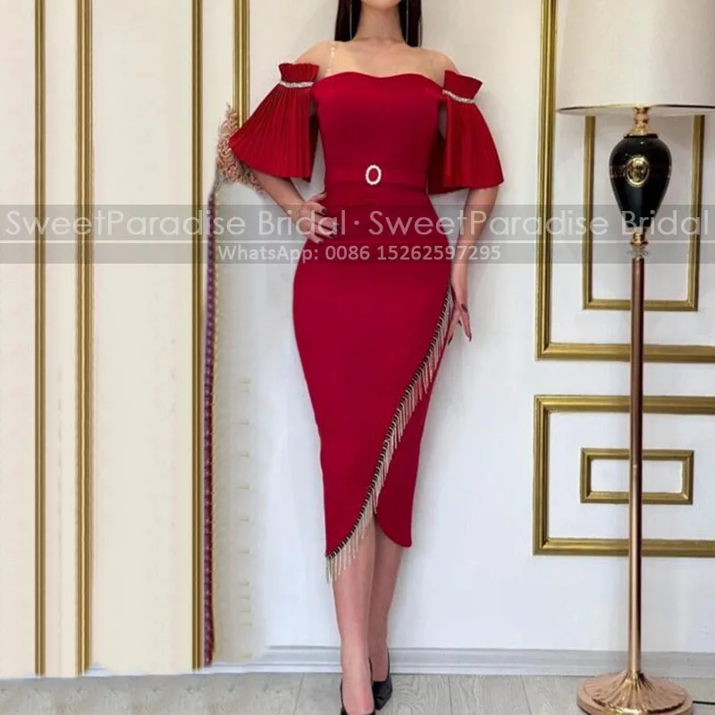 Customized Tea Length Sheath Mother of the Bride Dresses With Short Sleeves Off Shoulder Tassel Side Slit Mermaid Evening Dress
Customized Tea Length Sheath Mother of the Bride Dresses With Short Sleeves Off Shoulder Tassel Side Slit Mermaid Evening Dress