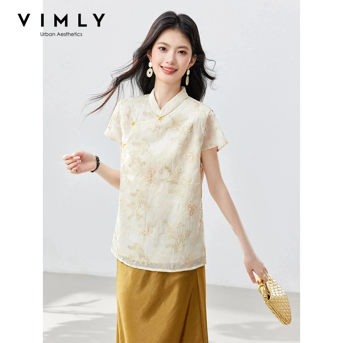 VIMLY Casual Mandarin Collar Shirt Women 2026 Summer Chinese Style Beaded Frog Buttons Jacquard Beige Short Sleeve Blouse A6392
VIMLY Casual Mandarin Collar Shirt Women 2026 Summer Chinese Style Beaded Frog Buttons Jacquard Beige Short Sleeve Blouse A6392