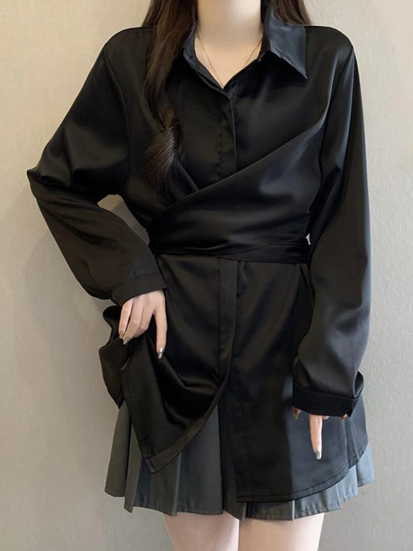 Ele Bla Acetate Satin irt Women's Early Spring plus Size Slimming Concealing Mid-Length Waist-Cinching Top
Ele Bla Acetate Satin irt Women's Early Spring plus Size Slimming Concealing Mid-Length Waist-Cinching Top