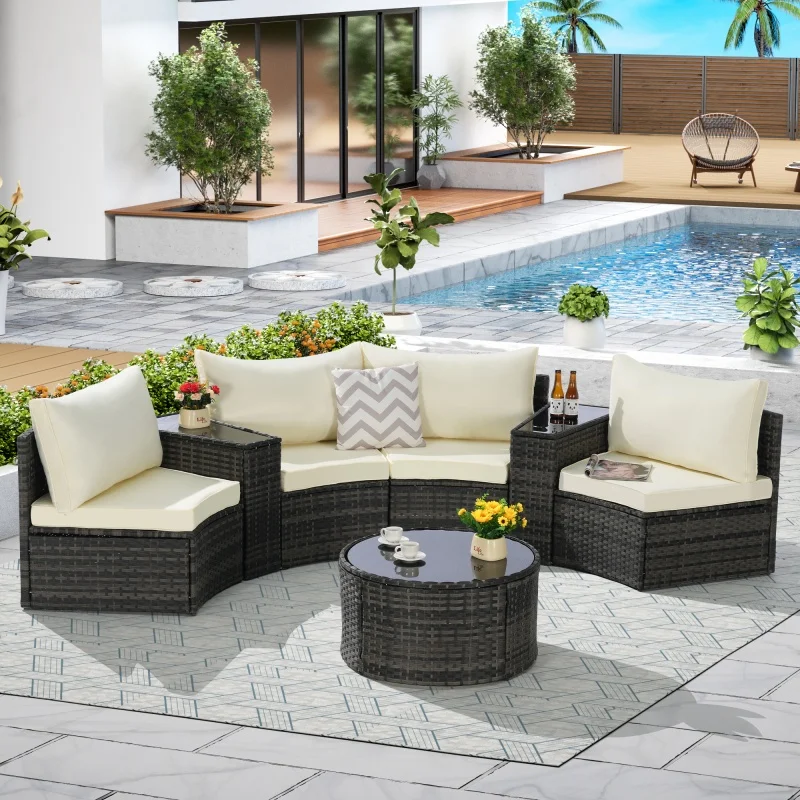 7-Piece Round Sectional Patio Furniture Set Half-Moon Wicker Rattan Glass Coffee Table All-Weather Outdoor Sofa For Backyard
7-Piece Round Sectional Patio Furniture Set Half-Moon Wicker Rattan Glass Coffee Table All-Weather Outdoor Sofa For Backyard