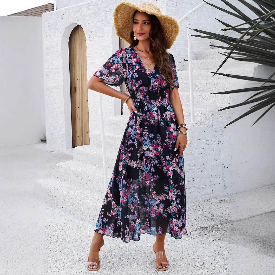 Nuevo En Vestidos V-neck Floral Print Tunic Short-sleeved Hem A-line Dress Women's Summer 2026 Chiffon Temperament Casual Dress
Nuevo En Vestidos V-neck Floral Print Tunic Short-sleeved Hem A-line Dress Women's Summer 2026 Chiffon Temperament Casual Dress