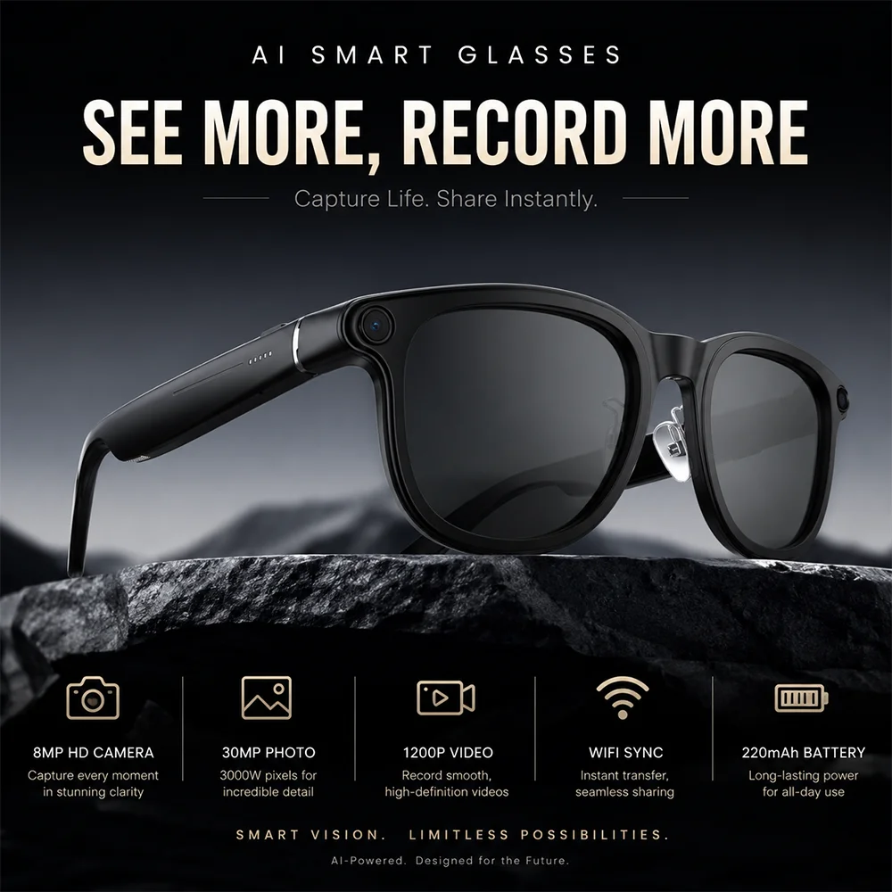 Equipped With 800W 4K HD Shooting Camera 3D Sound Real Time Translation 32GB Memory Smart Sunglasses And 3600mAh Charging Case
Equipped With 800W 4K HD Shooting Camera 3D Sound Real Time Translation 32GB Memory Smart Sunglasses And 3600mAh Charging Case