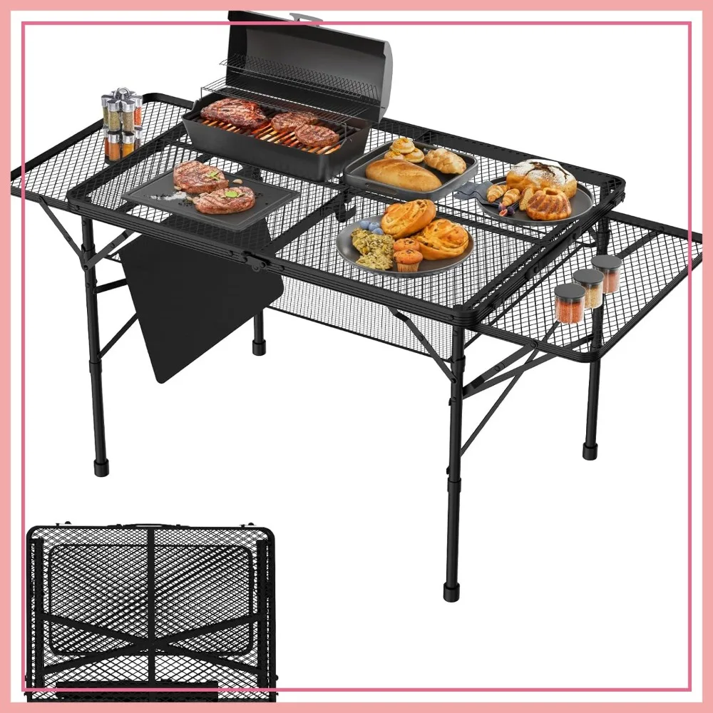 Folding Camping Table with 2 Wing Panels, 3x2 FT Mesh Desktop, Height Adjustable, Portable for Picnic BBQ Beach
Folding Camping Table with 2 Wing Panels, 3x2 FT Mesh Desktop, Height Adjustable, Portable for Picnic BBQ Beach