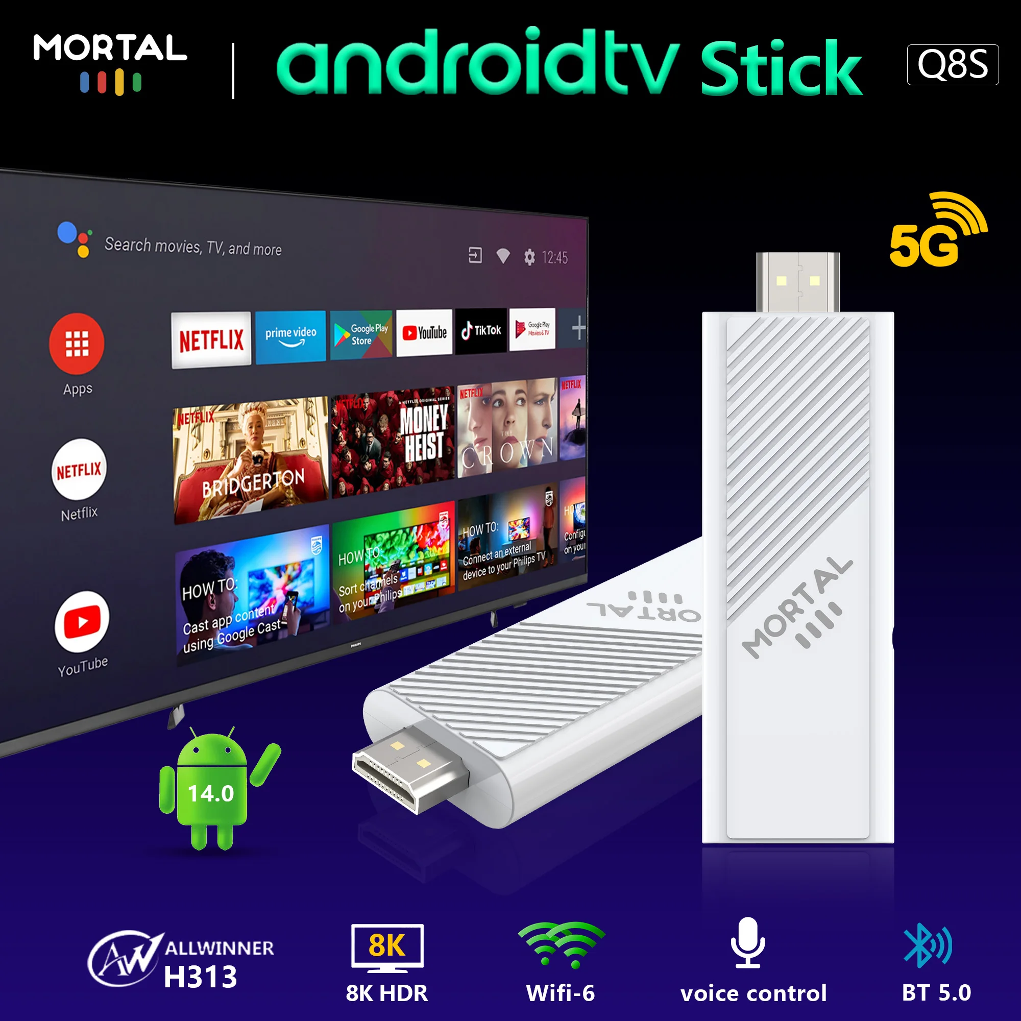 Android 14 Smart TV Stick Mortal Q8 S Allwinner H313 Quad Core with Wifi 6 8G 16GB Voice Remote Youtube 8K Video Decoding TV Box
Android 14 Smart TV Stick Mortal Q8 S Allwinner H313 Quad Core with Wifi 6 8G 16GB Voice Remote Youtube 8K Video Decoding TV Box