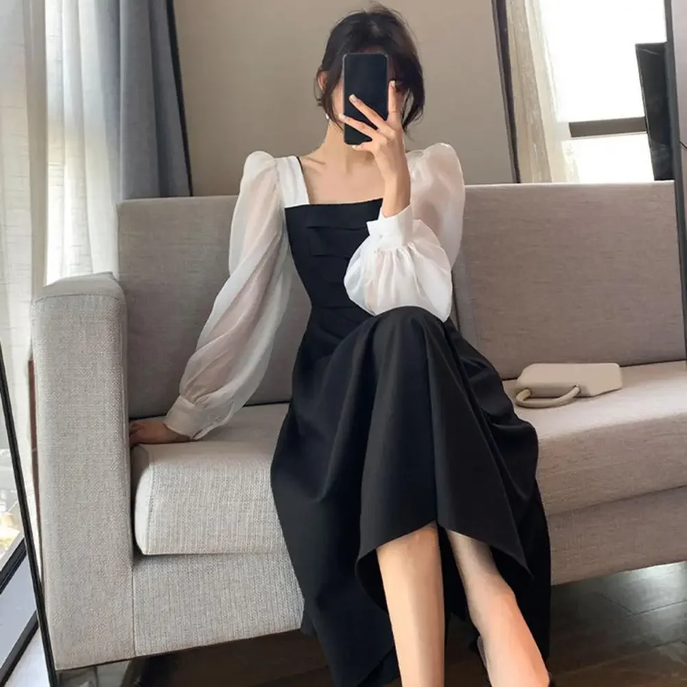 Women Dress Patchwork Long Sleeves Autumn Dress Solid Color Mid-calf Length Square Neck Dress Vintage Dress-up
Women Dress Patchwork Long Sleeves Autumn Dress Solid Color Mid-calf Length Square Neck Dress Vintage Dress-up