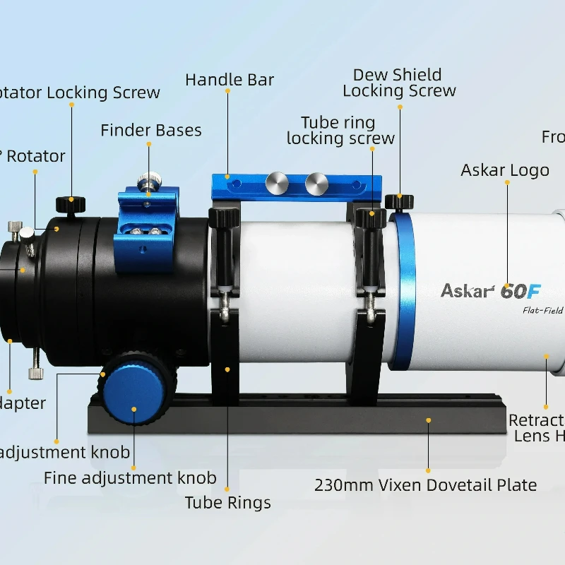 Askar 60F Flat-Field Telescope 60mm Aperture F6.8 ED Glass Refractor OTA Quadruplet Air-Spaced APO 230mm Vixen Dovetail Plate
Askar 60F Flat-Field Telescope 60mm Aperture F6.8 ED Glass Refractor OTA Quadruplet Air-Spaced APO 230mm Vixen Dovetail Plate