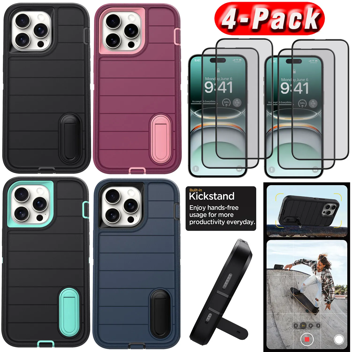 For iPhone 15/15 Pro/15 Pro Max/15 Plus Kickstand Holder Case Shockproof Phone Cover +4PCS Clear Tempered Glass Screen Protector
For iPhone 15/15 Pro/15 Pro Max/15 Plus Kickstand Holder Case Shockproof Phone Cover +4PCS Clear Tempered Glass Screen Protector