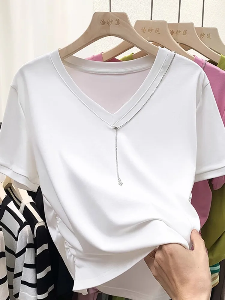 White Short Sleeve T-Shirt Women's Summer New Large Size Shoulder High Waist Design Gathered Waist Slimming Top Cover Belly
White Short Sleeve T-Shirt Women's Summer New Large Size Shoulder High Waist Design Gathered Waist Slimming Top Cover Belly