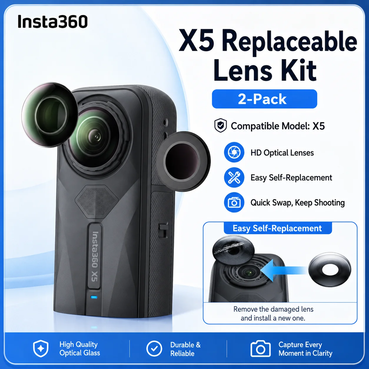 2PCS Replacement Lens Set for Insta360 X5 HD Optical Camera Lens Repair Kit Removable Spare Parts Accessories
2PCS Replacement Lens Set for Insta360 X5 HD Optical Camera Lens Repair Kit Removable Spare Parts Accessories