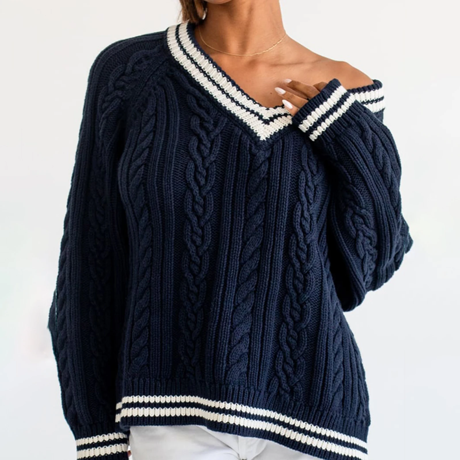 Women's Cable Knit Sweater Loose Contrast Trim V Neck Long Sleeve Pullover Tops for Fall Winter Sweaters Streetwear
Women's Cable Knit Sweater Loose Contrast Trim V Neck Long Sleeve Pullover Tops for Fall Winter Sweaters Streetwear