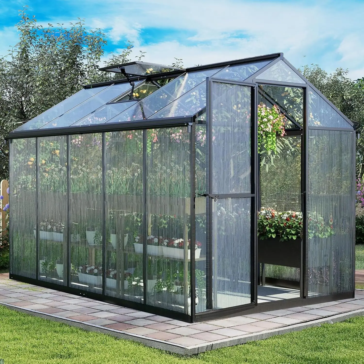 6 x 10 Ft Walk-in Greenhouse with Gutter, Polycarbonate and Heavy-Duty Aluminum Frame, Adjustment Skylight, Customized
6 x 10 Ft Walk-in Greenhouse with Gutter, Polycarbonate and Heavy-Duty Aluminum Frame, Adjustment Skylight, Customized
