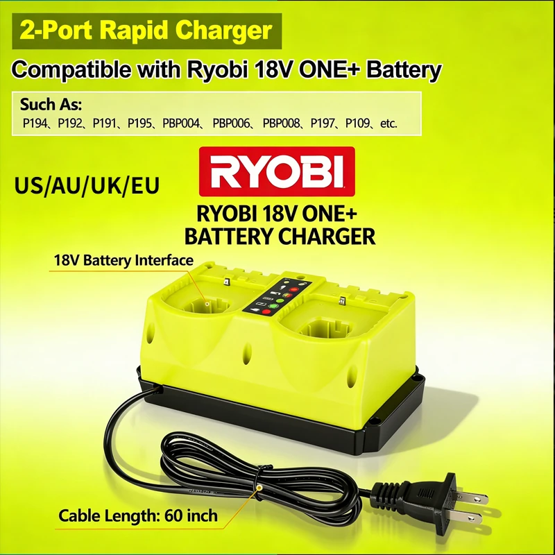 Compatible Dual Port Charger For Ryobi 18V Lithium Battery P107 P108 P109 P102 P104 P117 Fast Charger AC 100-240V Power Tool
Compatible Dual Port Charger For Ryobi 18V Lithium Battery P107 P108 P109 P102 P104 P117 Fast Charger AC 100-240V Power Tool