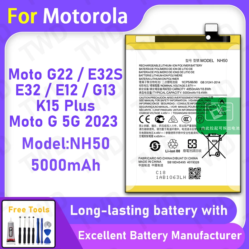 High Quality 5000mAh NH50 Battery For Motorola Moto G22 E32 E32S E12 G13 Long Lasting Power +Free Tools
High Quality 5000mAh NH50 Battery For Motorola Moto G22 E32 E32S E12 G13 Long Lasting Power +Free Tools