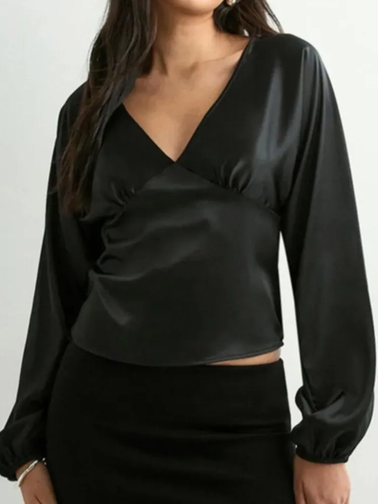 Женская одежда, укороченный топ с глубоким v-образным вырезом и открытой спиной, модный однотонный укороченный топ с длинными рукавами для поездок на работу, простой стиль 
Женская одежда, укороченный топ с глубоким v-образным вырезом и открытой спиной, модный однотонный укороченный топ с длинными рукавами для поездок на работу, простой стиль