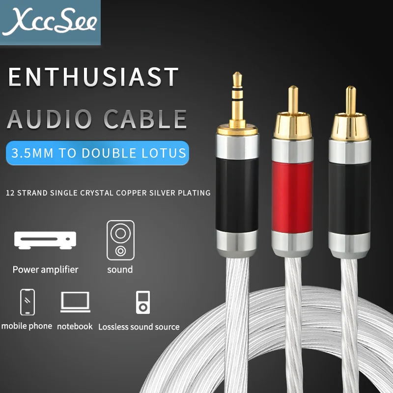 Silver plated 3.5mm jack to 2RCA OFC audio cable, auxiliary to rca HIFI stereo, for amplifier, mobile phone, computer, desktop a
Silver plated 3.5mm jack to 2RCA OFC audio cable, auxiliary to rca HIFI stereo, for amplifier, mobile phone, computer, desktop a