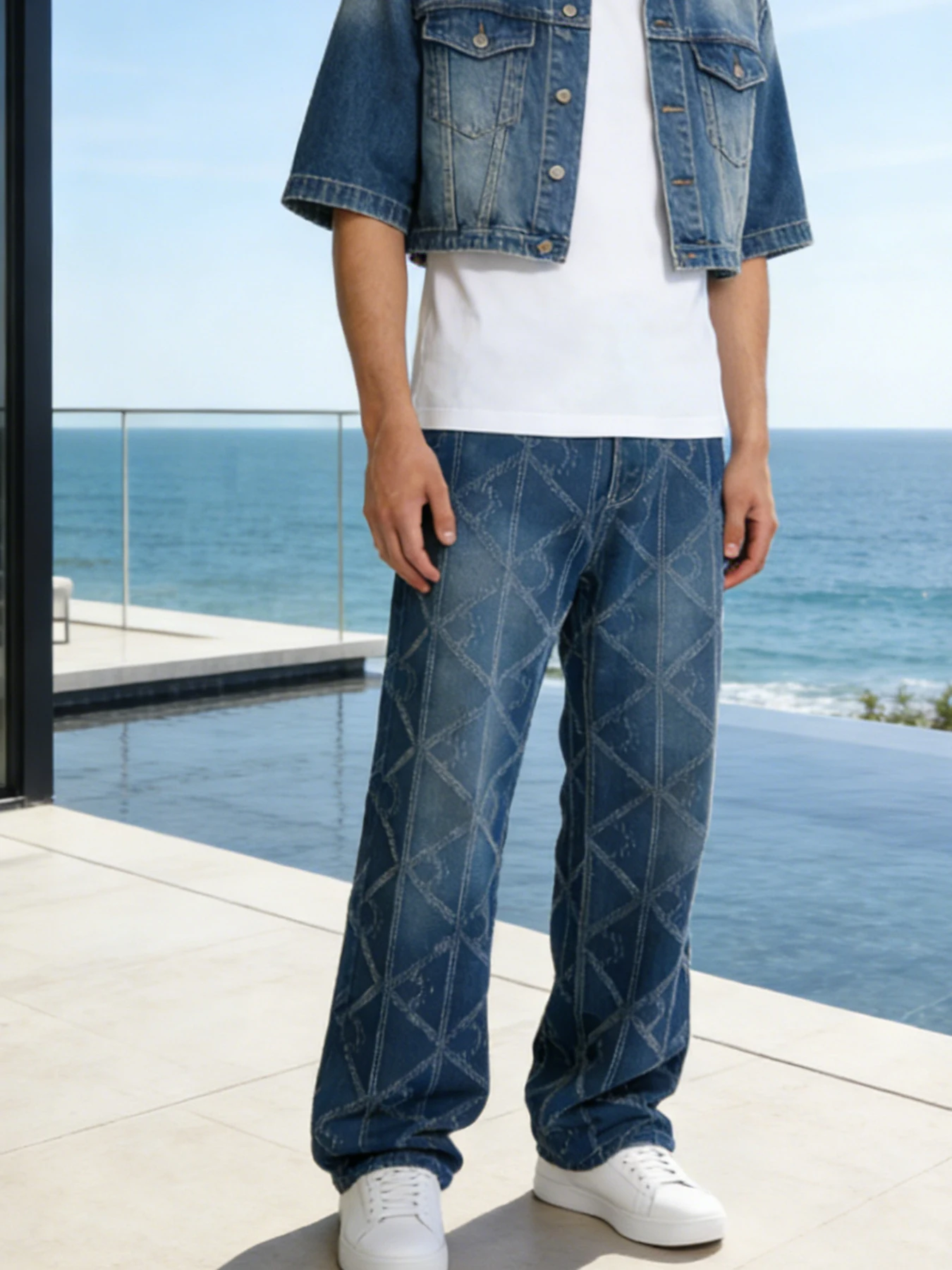 Men's heavy-duty 3D geometric jacquard wide-leg jeans, vintage washed worn loose straight-leg high-street trendy long pants
Men's heavy-duty 3D geometric jacquard wide-leg jeans, vintage washed worn loose straight-leg high-street trendy long pants