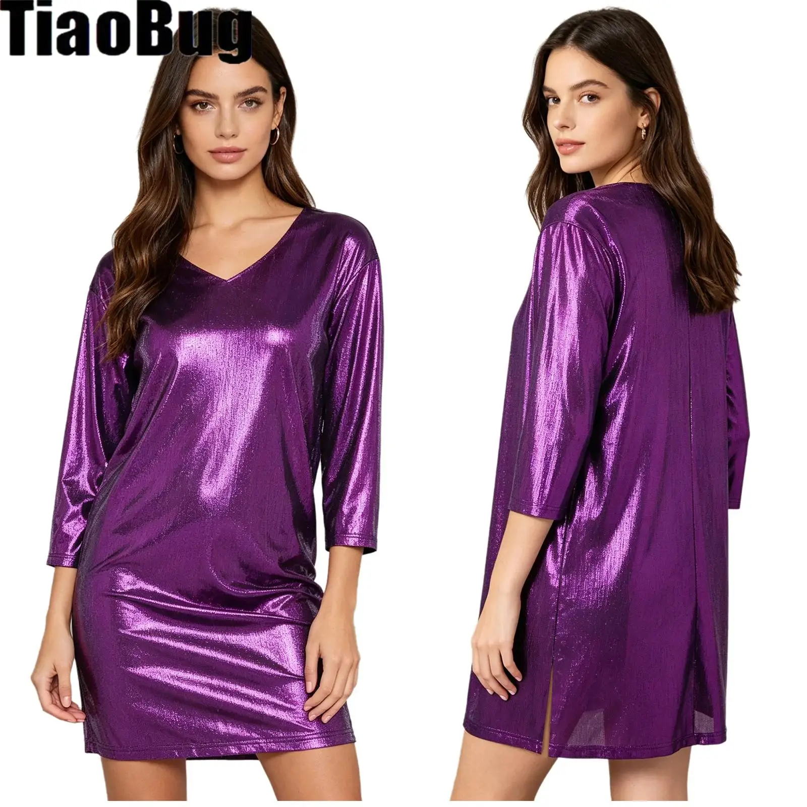 Womens Metallic Shiny Disco Party Dress V Neck 3/4 Sleeve Side Pockets Split Hem Loose Fitting Shirt Dress
Womens Metallic Shiny Disco Party Dress V Neck 3/4 Sleeve Side Pockets Split Hem Loose Fitting Shirt Dress