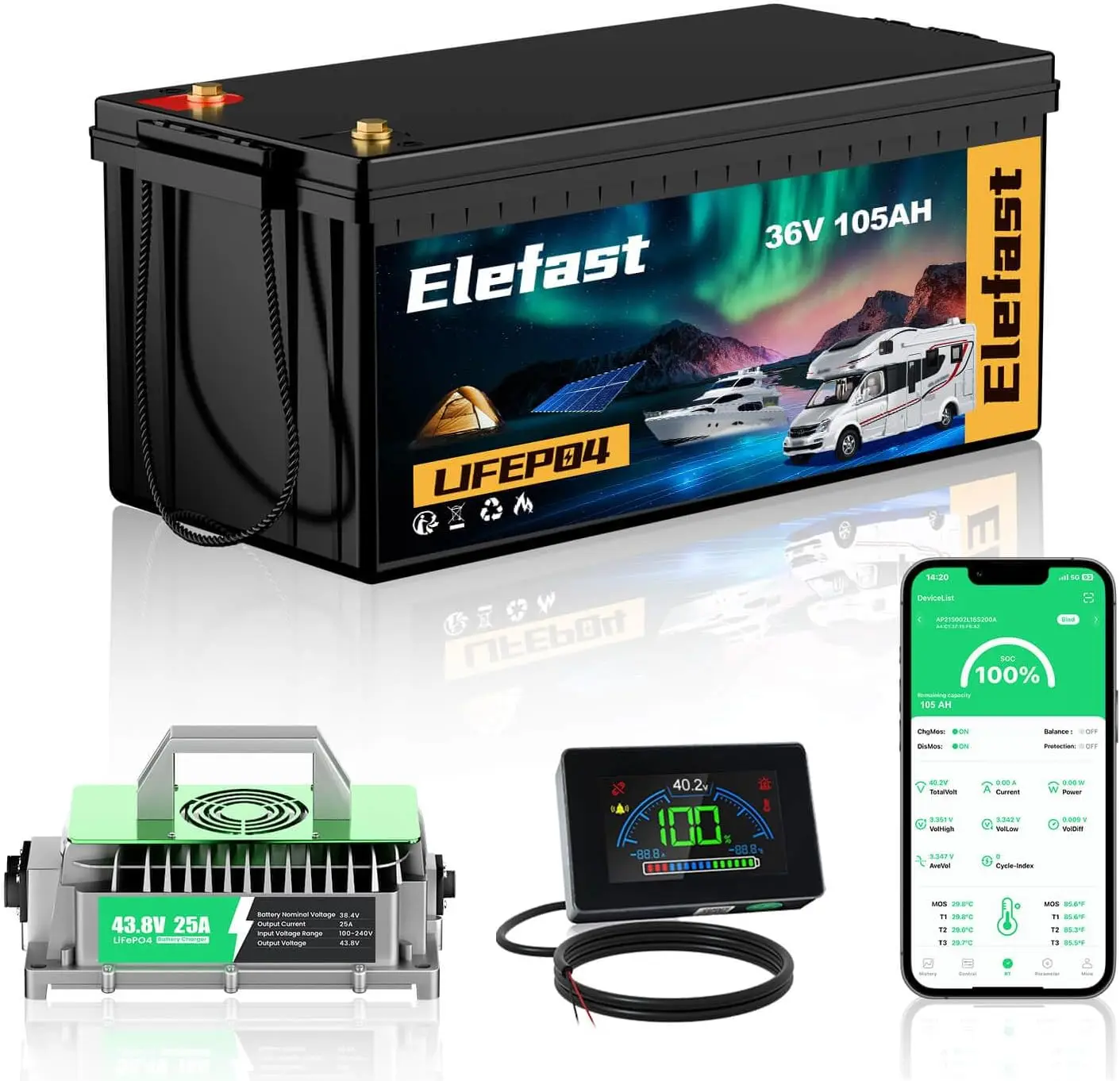 105A 36V Lithium Golf Cart Battery w/ 43.8V 25A Charger,Built-in 200A Bluetooth BMS,Peak Current 600A,for Golf Carts,Trolling Mo
105A 36V Lithium Golf Cart Battery w/ 43.8V 25A Charger,Built-in 200A Bluetooth BMS,Peak Current 600A,for Golf Carts,Trolling Mo