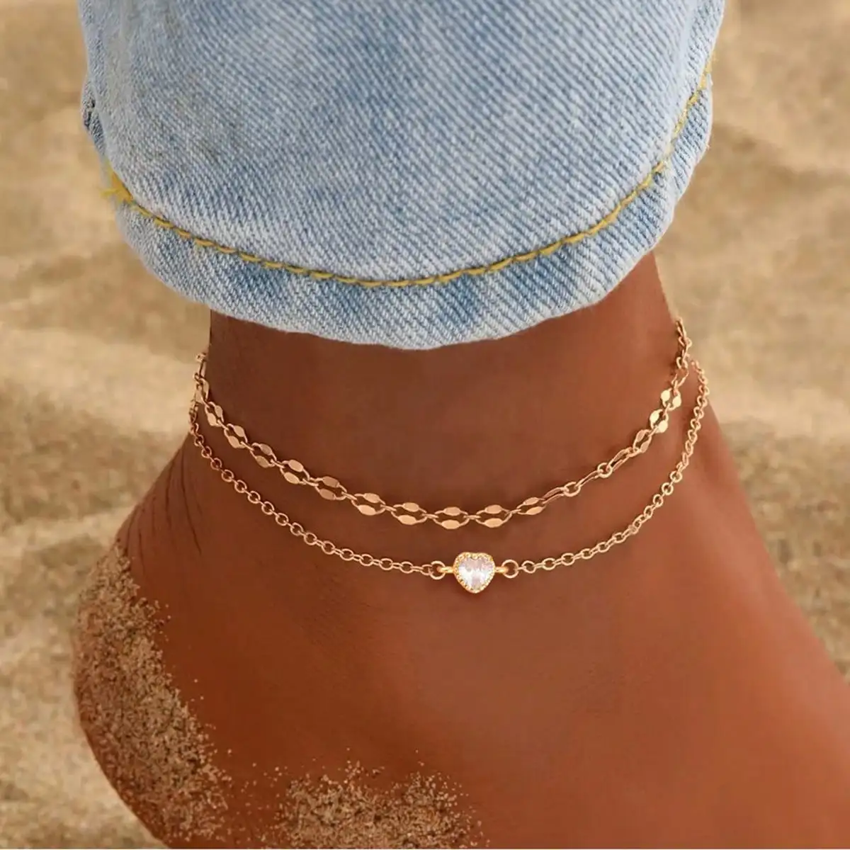 2Pcs/Set Simple Fashion Colorful Heart Golden Stainless Steel Lip Chain Layered Anklets For Women
2Pcs/Set Simple Fashion Colorful Heart Golden Stainless Steel Lip Chain Layered Anklets For Women