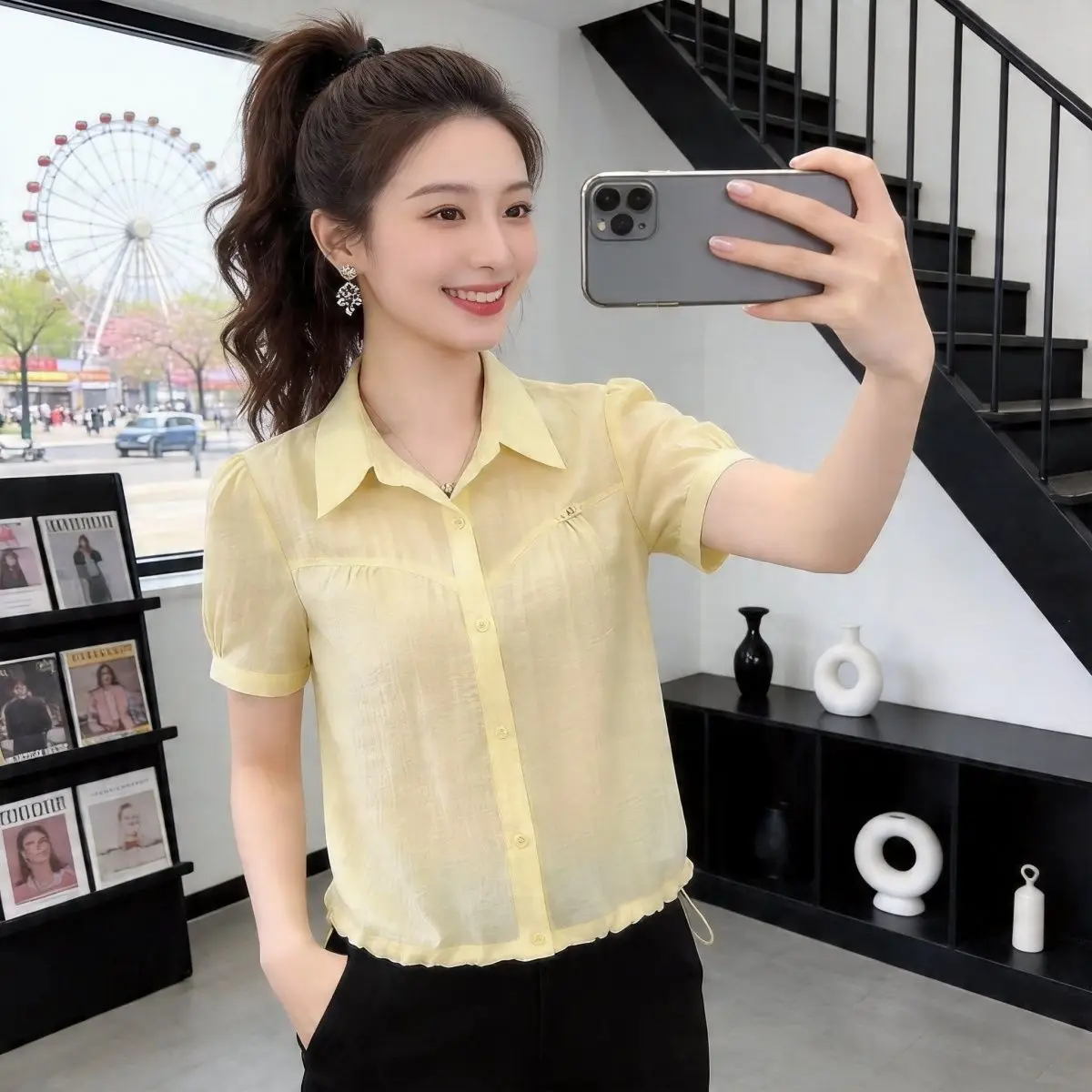 Casual Loose Short Sleeve Pure Color Shirt Women Summer Thin Large Size Slimming Top Belly Covering Turn-down Collar Elegant Top
Casual Loose Short Sleeve Pure Color Shirt Women Summer Thin Large Size Slimming Top Belly Covering Turn-down Collar Elegant Top