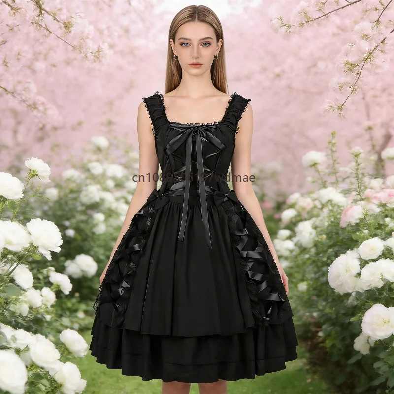 Gothic Black Lolita Dress Women Lace Trim Ribbon Corset Layered Ruffle Skirt Vintage Victorian Party Cosplay Dresses
Gothic Black Lolita Dress Women Lace Trim Ribbon Corset Layered Ruffle Skirt Vintage Victorian Party Cosplay Dresses