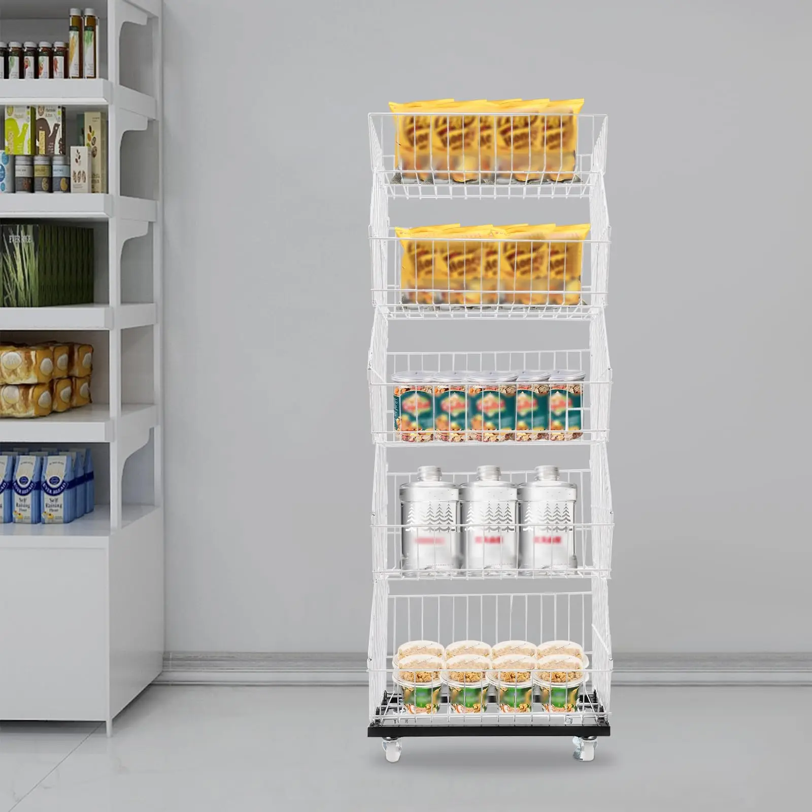 Подставка для розничной торговли в супермаркете, 5 ярусов с 4 шкивами (2 тормоза), отдельно стоящие белые полки для розничной торговли с ограждением 
Подставка для розничной торговли в супермаркете, 5 ярусов с 4 шкивами (2 тормоза), отдельно стоящие белые полки для розничной торговли с ограждением