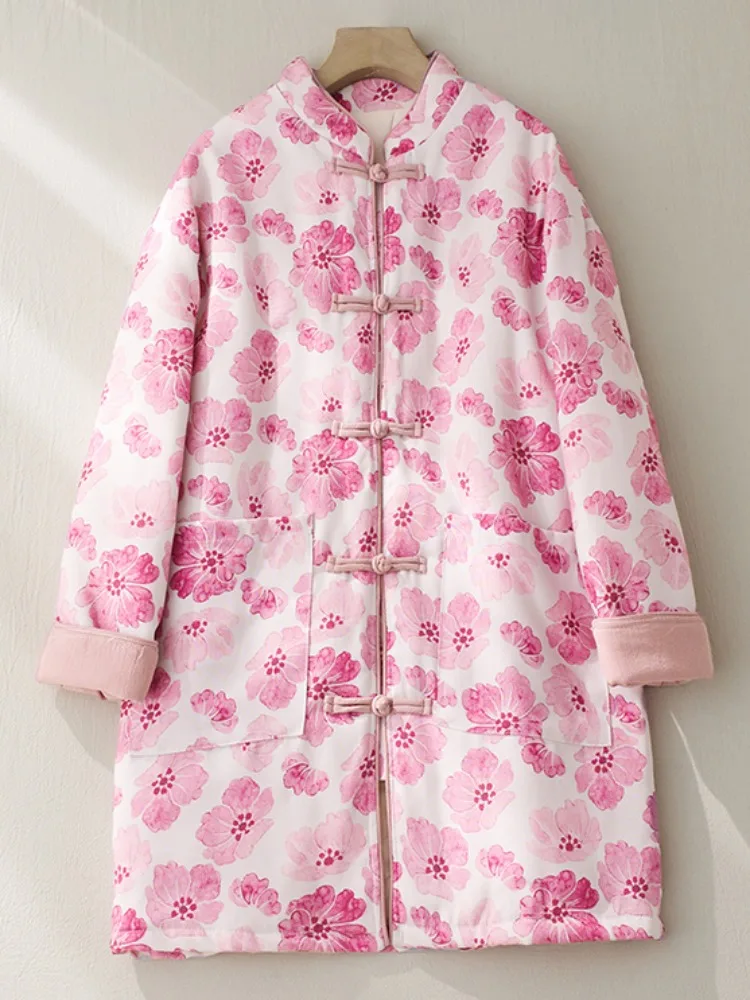 Chinese Sle Stand Collar Cotton Jaet Women's Winter Long Coat Anti-Aging Pink Print Button Warmth Outerwear
Chinese Sle Stand Collar Cotton Jaet Women's Winter Long Coat Anti-Aging Pink Print Button Warmth Outerwear