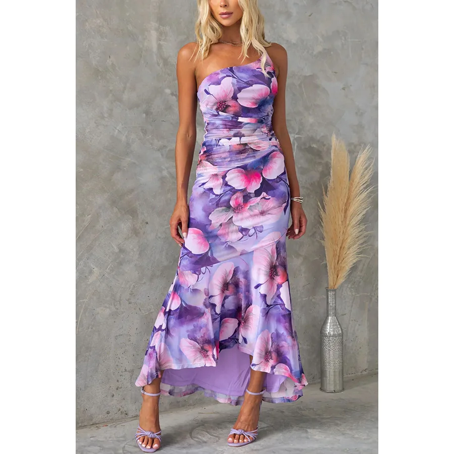 Women Dress Fashion Floral Printed Oblique Shoulder Maxi Summer Sexy Sleeveless Bodycon Party Clubwear Vacation Beach Robe Femme 
Women Dress Fashion Floral Printed Oblique Shoulder Maxi Summer Sexy Sleeveless Bodycon Party Clubwear Vacation Beach Robe Femme