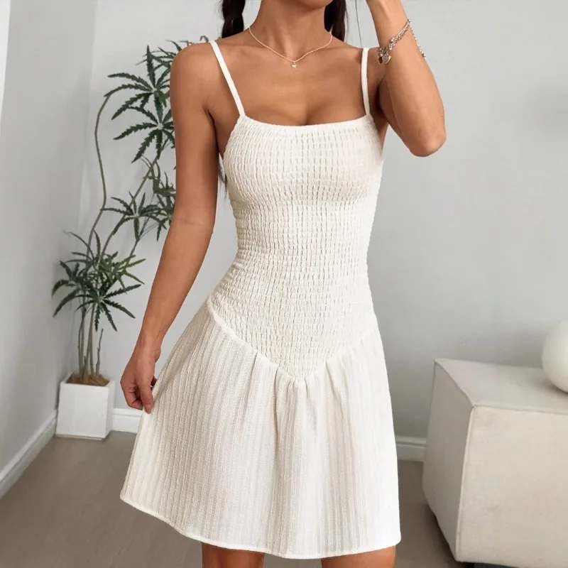 Summer Spaghetti Strap Dresses Women Eleastic Waisted Ruched Folds Spliced Sexy Cami Tank White Dress Mini Elegant Holiday Party
Summer Spaghetti Strap Dresses Women Eleastic Waisted Ruched Folds Spliced Sexy Cami Tank White Dress Mini Elegant Holiday Party