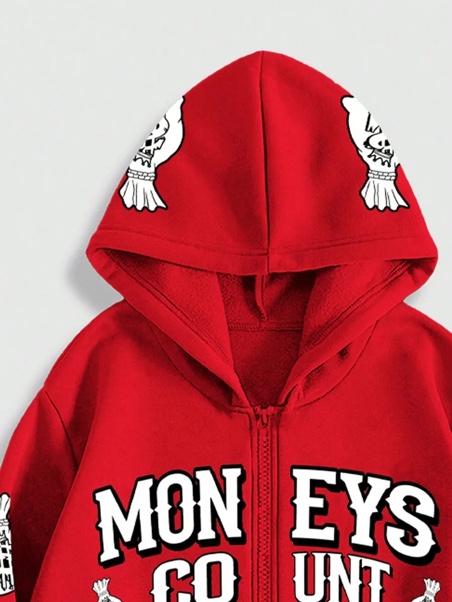 Mens Red Zip-Up Hoodie With Skull Graphic Print
Mens Red Zip-Up Hoodie With Skull Graphic Print