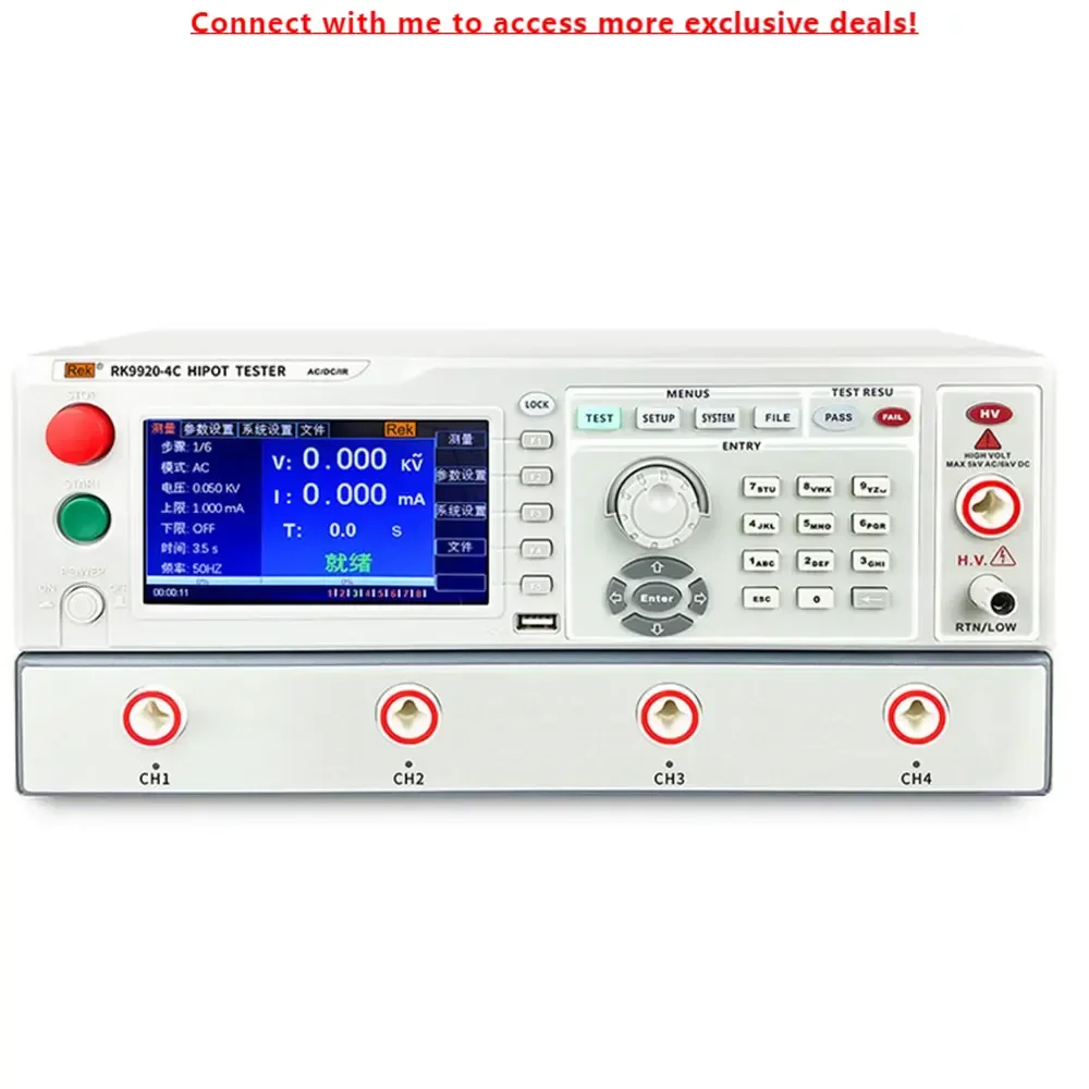 Rek RK9920-4C 4 Channel AC DC Withstand Voltage Hipot Tester Insulation Tester 0.05KV-1.00KV,0.1MΩ-100GΩ 
Rek RK9920-4C 4 Channel AC DC Withstand Voltage Hipot Tester Insulation Tester 0.05KV-1.00KV,0.1MΩ-100GΩ