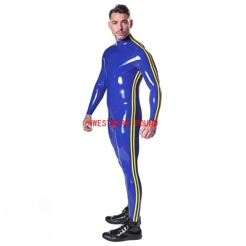 customized latex catsuit men's blue rubber bodysuit with yellow stripes front zipper 100% latex costume club wear cosplay
customized latex catsuit men's blue rubber bodysuit with yellow stripes front zipper 100% latex costume club wear cosplay