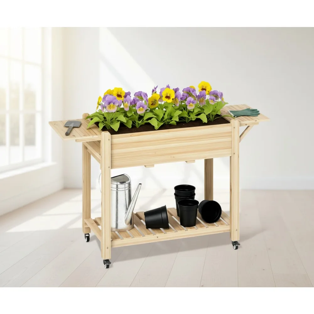 Elevated Wooden Garden Planter Box with Wheels, Side Tables & Drainage Holes - Mobile Raised Bed for Outdoor Gardening
Elevated Wooden Garden Planter Box with Wheels, Side Tables & Drainage Holes - Mobile Raised Bed for Outdoor Gardening
