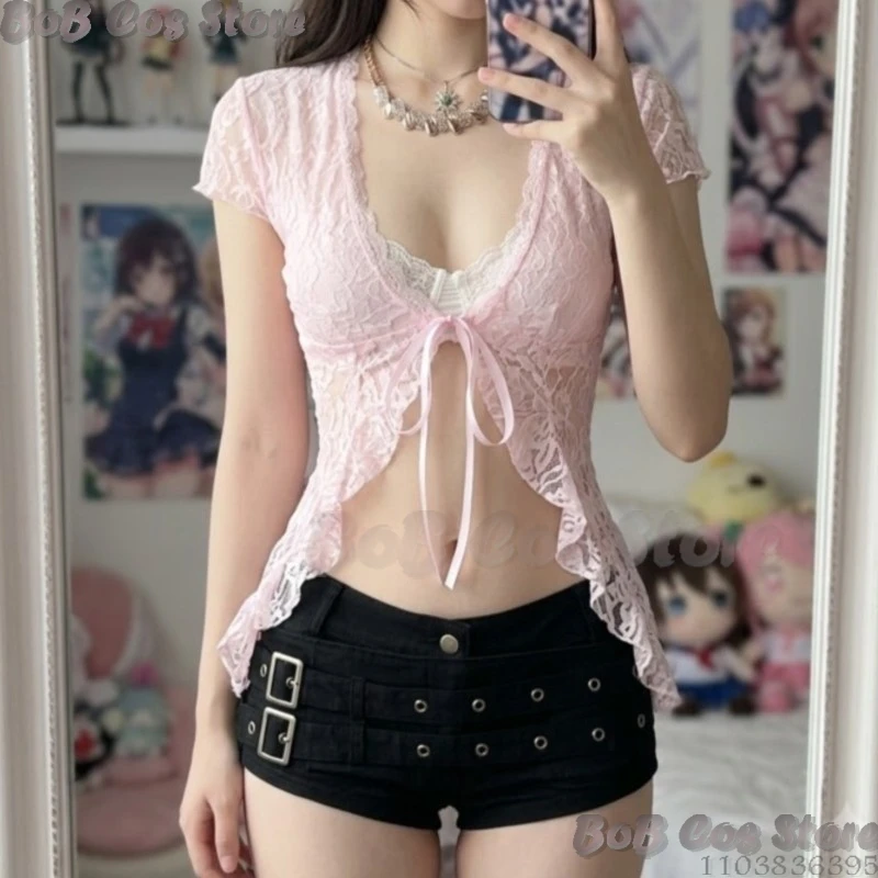 French-style sexy lace sheer short-sleeve cardigan Cosplay Costume V-neck lace ruffled top Halloween Woman Pink/White Clothes
French-style sexy lace sheer short-sleeve cardigan Cosplay Costume V-neck lace ruffled top Halloween Woman Pink/White Clothes