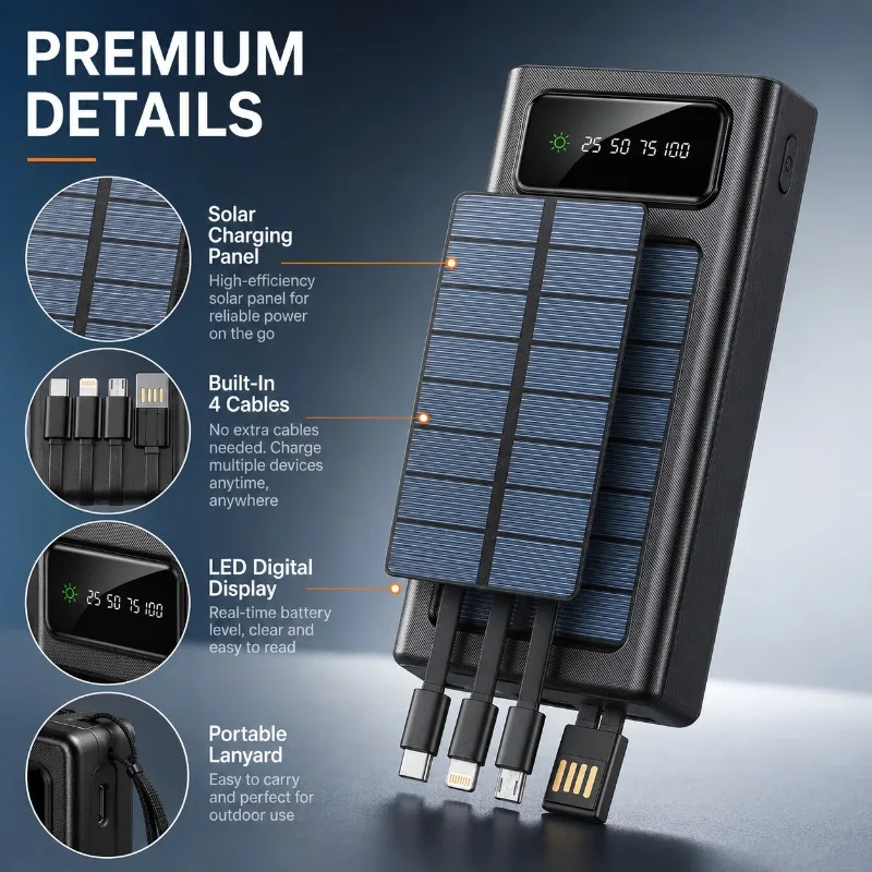 Solar Power Bank 20000mAh Built in 4 Cables 5 Outputs 3 Inputs Portable Fast Charger for Camping Travel Emergency Power Bank
Solar Power Bank 20000mAh Built in 4 Cables 5 Outputs 3 Inputs Portable Fast Charger for Camping Travel Emergency Power Bank
