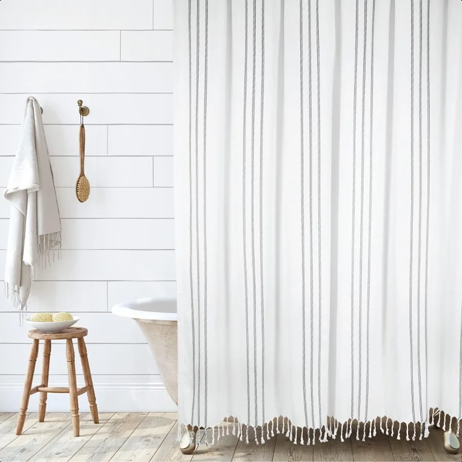 Modern Transitional White Stripe Shower Curtain with Tassels Vertical Black Lines Striped 100 Cotton 72 x 72
Modern Transitional White Stripe Shower Curtain with Tassels Vertical Black Lines Striped 100 Cotton 72 x 72