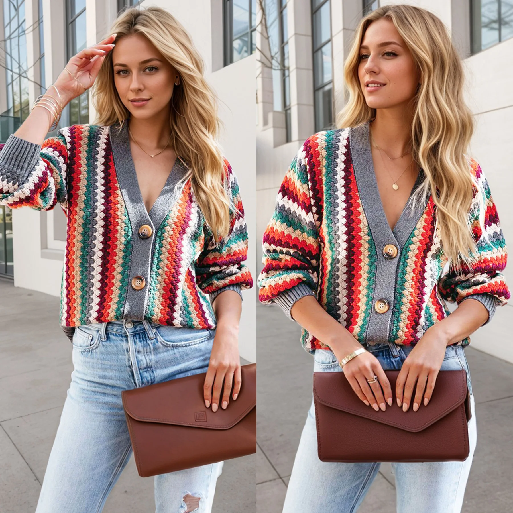 2024 Autumn/winter fashion new striped contrasting V-neck long sleeved loose plus size women's knitted
2024 Autumn/winter fashion new striped contrasting V-neck long sleeved loose plus size women's knitted