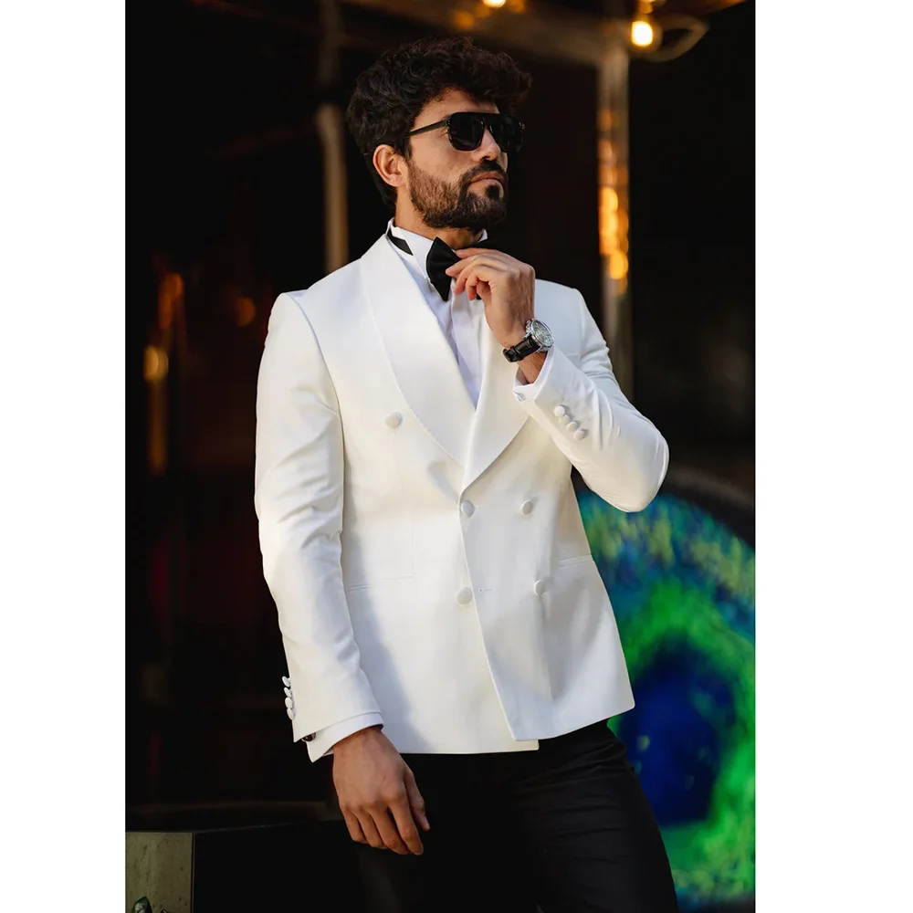 High Quality Double Breasted Shawl Lapel Men Suits White Blazer Black Pants 2 Piece Elegant Handsome Groom Full Set Custom Terno
High Quality Double Breasted Shawl Lapel Men Suits White Blazer Black Pants 2 Piece Elegant Handsome Groom Full Set Custom Terno