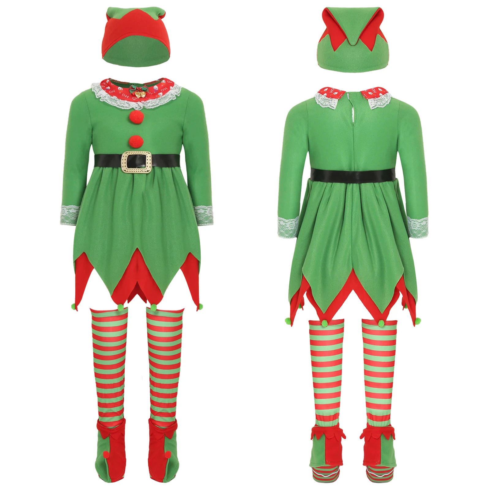 Girls Christmas Elf Costume Long Sleeve Bell Lace Decor Dress with Hat Belt Sock Shoe Covers for Xmas Party Cosplay Performance
Girls Christmas Elf Costume Long Sleeve Bell Lace Decor Dress with Hat Belt Sock Shoe Covers for Xmas Party Cosplay Performance