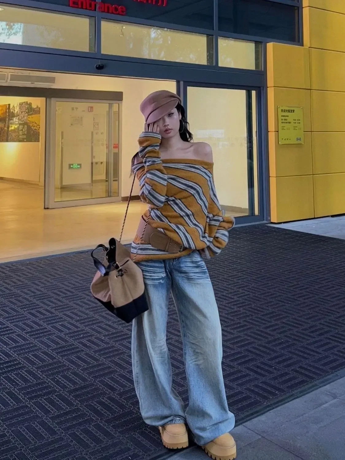 Striped Off Shoulder Top with Belt Asymmetric Hem Unique Design Knit Sweater Women's Fashion Pullover
Striped Off Shoulder Top with Belt Asymmetric Hem Unique Design Knit Sweater Women's Fashion Pullover