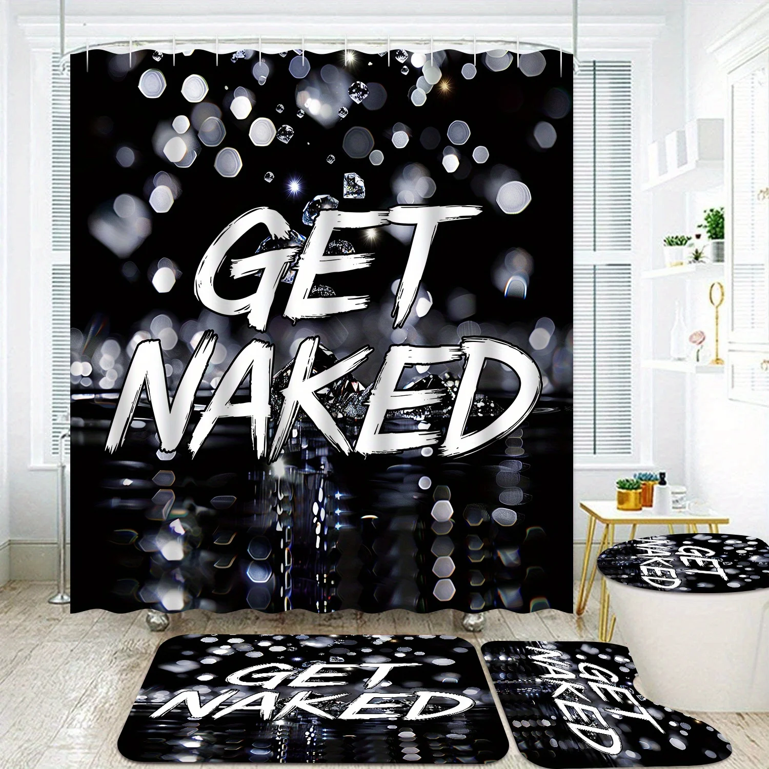 Bathroom Accessory Sets of 4pcs with 12 Hooks, Featuring Get Naked Design with White and Silver Diamonds Abstract Backdrop, Incl
Bathroom Accessory Sets of 4pcs with 12 Hooks, Featuring Get Naked Design with White and Silver Diamonds Abstract Backdrop, Incl