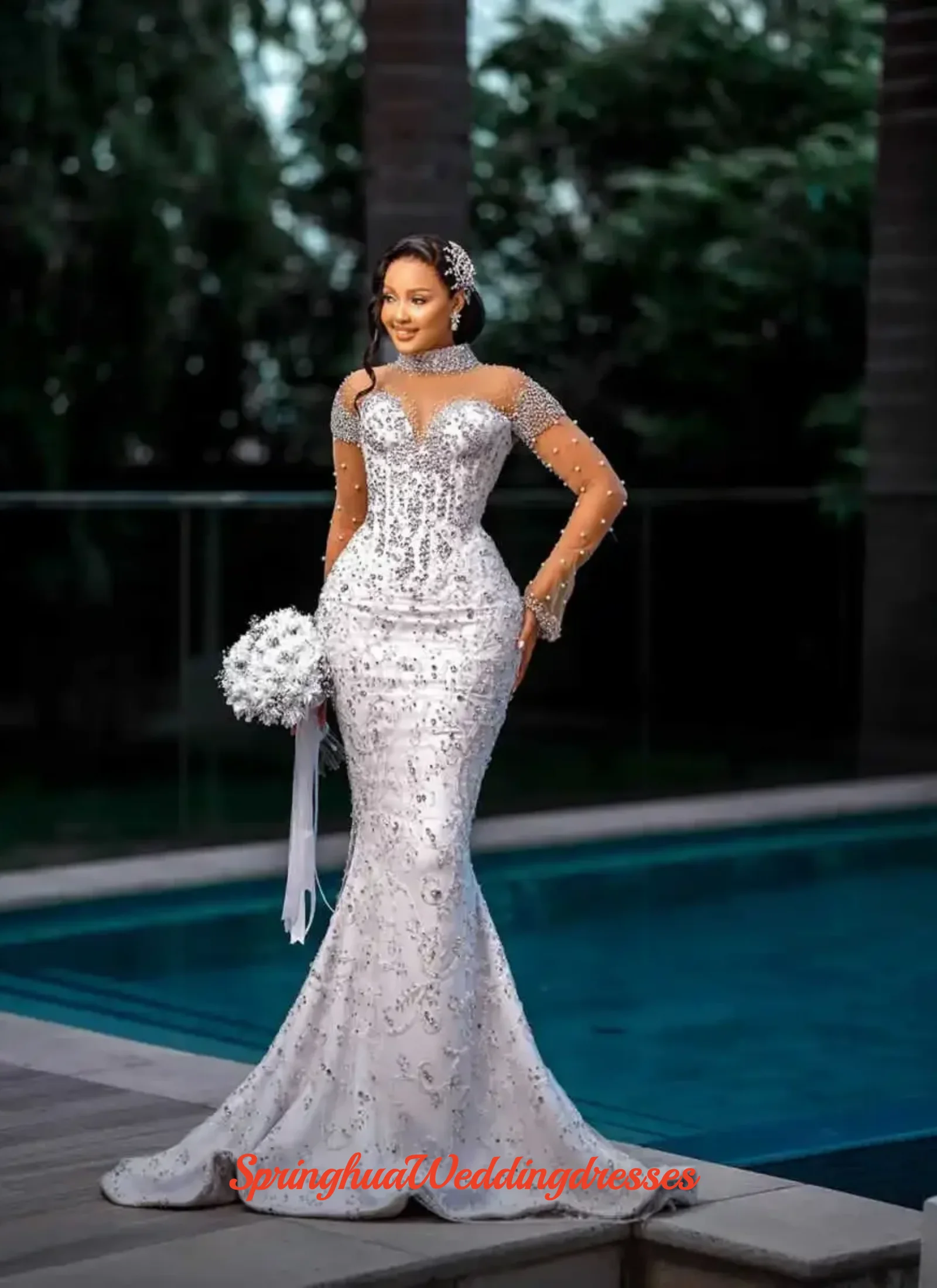 Customized Luxury Mermaid WeddingDresses For Women High Collar Long Sleeves Gown Sequins Rhinestone Pearls Sweep Train Vestidos
Customized Luxury Mermaid WeddingDresses For Women High Collar Long Sleeves Gown Sequins Rhinestone Pearls Sweep Train Vestidos