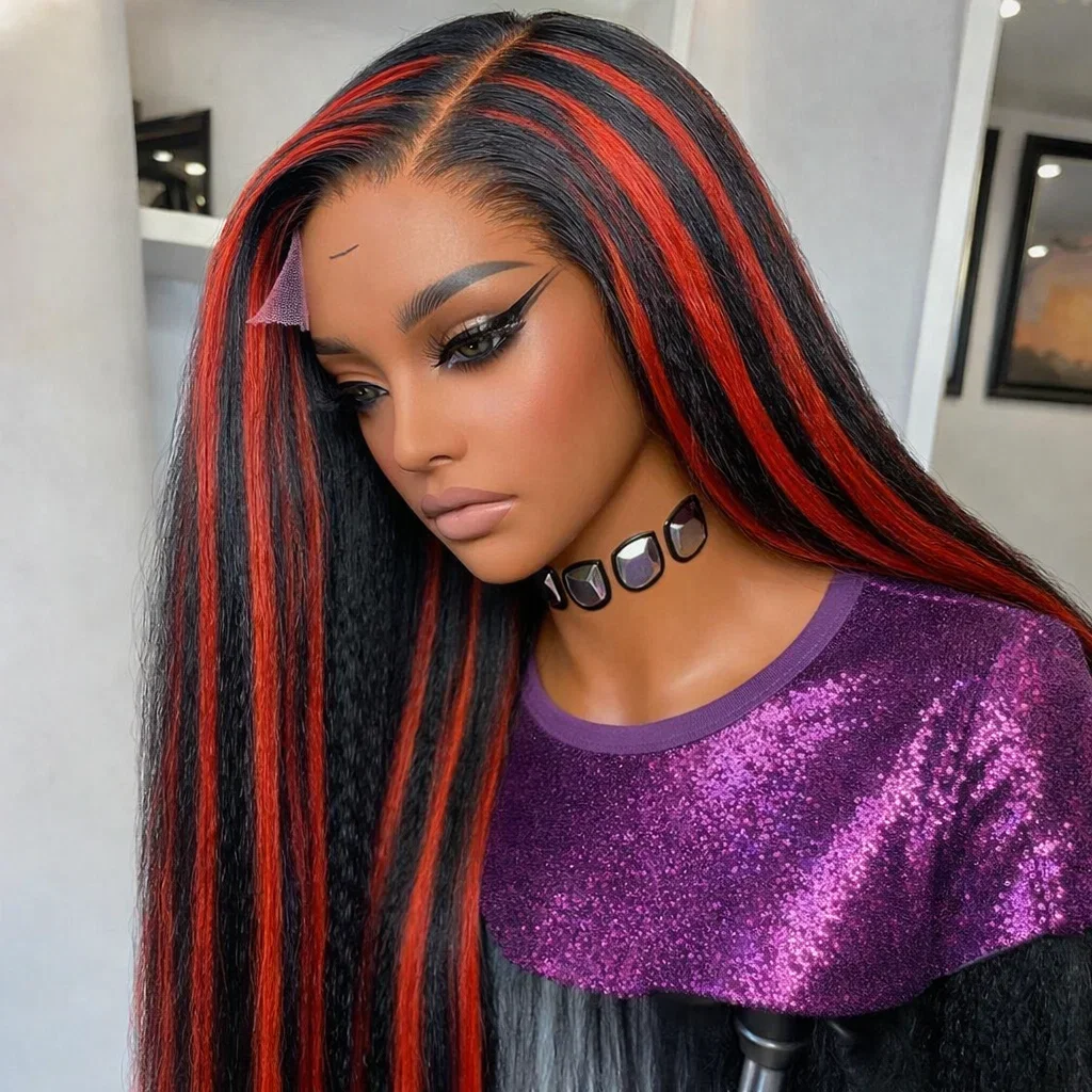 Upgraded 1B/99J Black With Red Kinky Straight 13X4 Lace Highlight Front Wig Human Hair Burgundy Colored Glueless Wigs For Women
Upgraded 1B/99J Black With Red Kinky Straight 13X4 Lace Highlight Front Wig Human Hair Burgundy Colored Glueless Wigs For Women